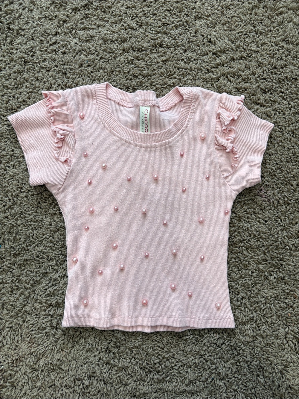 chic Light Pink Pearl-Embellished Ruffle Sleeve Knit Tee